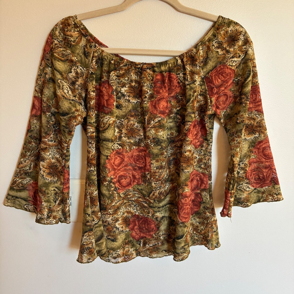 Y2K Lucca Green Floral Sheer Lace Bell Sleeve Top Size S Boho Forest Fairy Rose